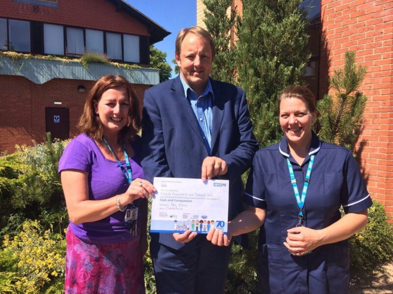 Toby with Ward Manager Sue Hedley and Mary Holbrook