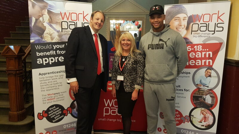 Toby with Anne Wright, Managing Director from Workpays Ltd and gold medal winning boxer, Frazer Clarke