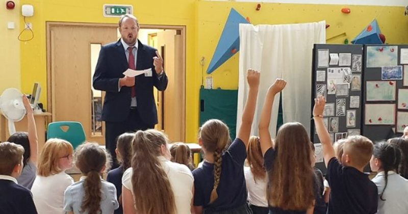 Toby visiting Hollingwood Primary School