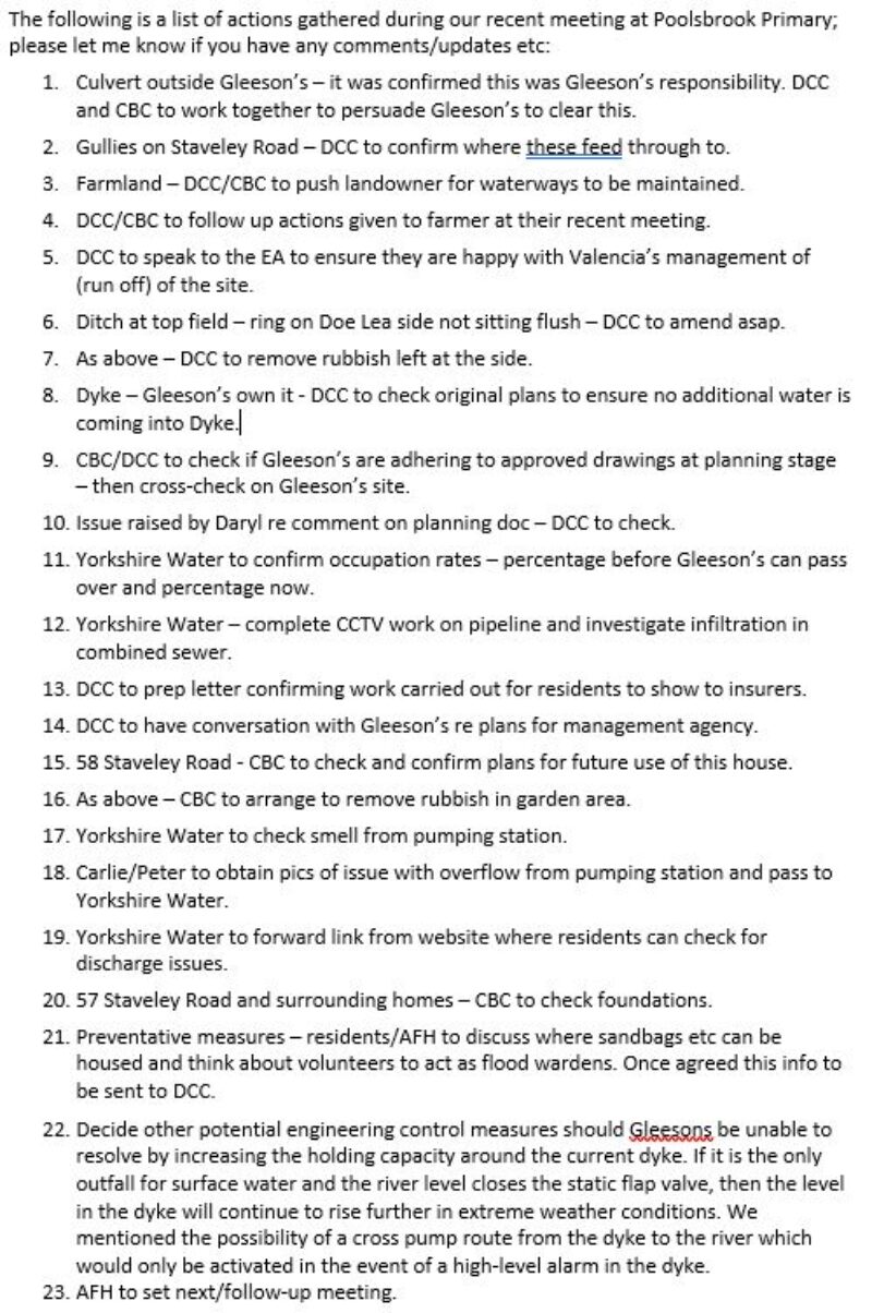 list of actions below from a recent meeting Cllr Anne Hayes arranged at Poolsbrook Primary